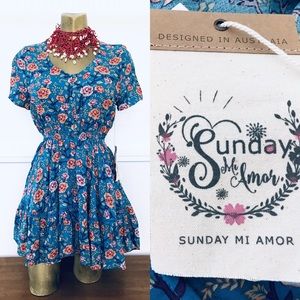 SUNDAY Mi AMOR Australia Boho BLUE ROSE Mini Dress NWT Size XS